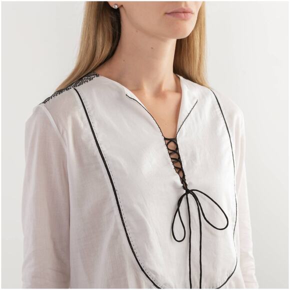 Theory White Black Cotton Lawn Jalinnie Popover Tunic V Neck Top Size Medium - Picture 8 of 14